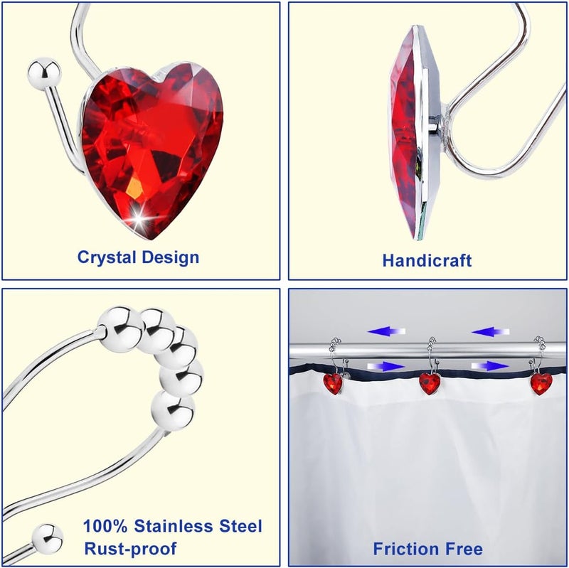 Yapicoco Shower Curtain Hooks Rings for Bathroom, 12PCS Heart Stainless Steel Rust Resistant Decorative Rhinestones Shower Curtain Rings Hangers for Shower Curtains (Double Hook Red) - Image 2